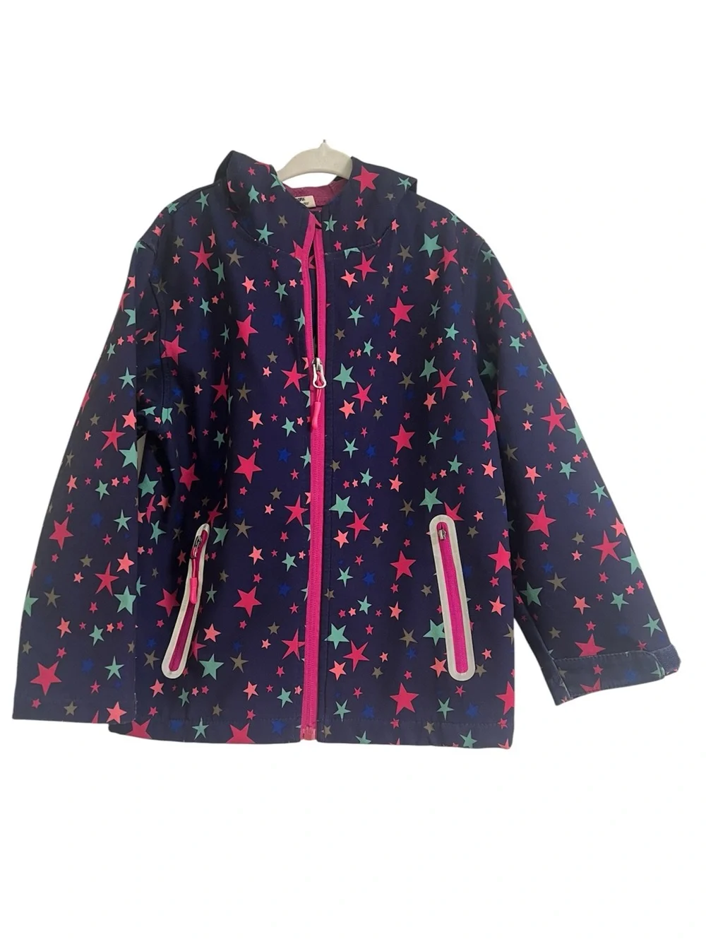 Girls' Navy‎ Star-Print Hooded Raincoat Jacket with Pink Lining 5T